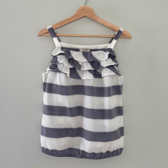 Loft Striped Blue/White Ruffle Tank Top Women's‎ Small - Picture 1 of 9